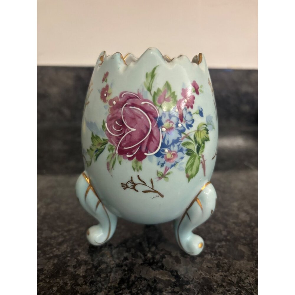 Hand-Painted Egg-Shaped Floral Vase With Gold Trim & Elegant Curled Legs
